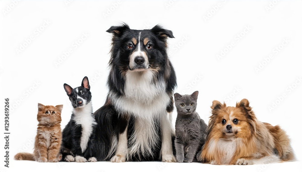 Obraz premium Playful Pets Gather Around a Border Collie A Whimsical Scene of Furry Friends in a Warm, Cozy Home Setting