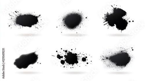 Black Paint Splashes and Stains on White Background for Design