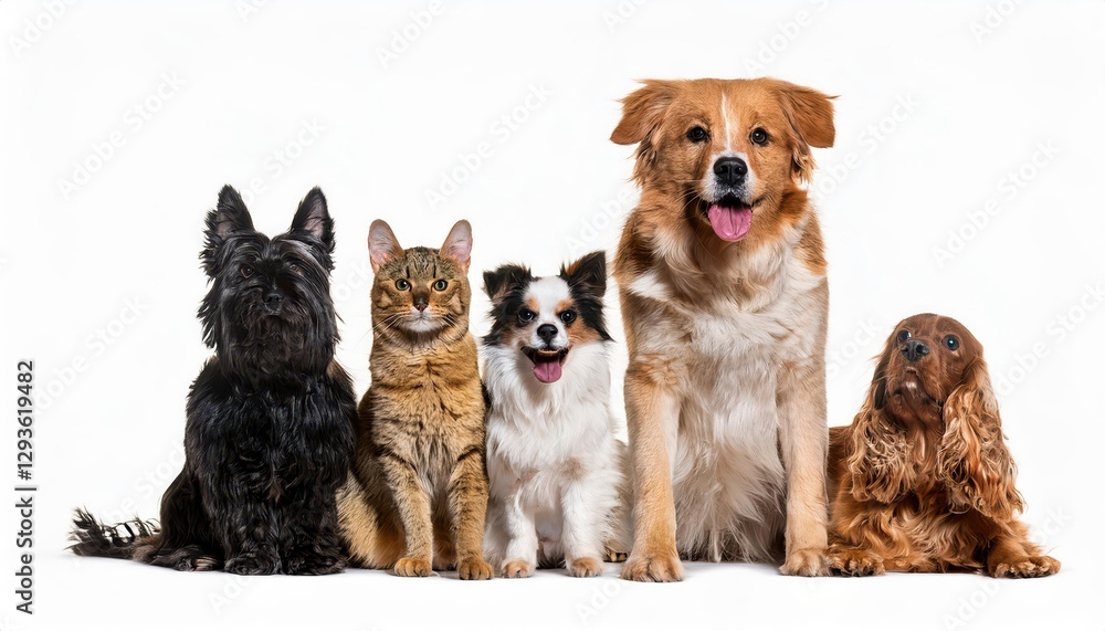 Adorable Group of Pets Posing against a White Background, Radiating Friendly Energy and Harmony in a Simple, Minimalist Setting. Adorable Group of Pets Posing against a White Background, Radiating Friendly Energy and Harmony in a Simple, Minimalist Setting.