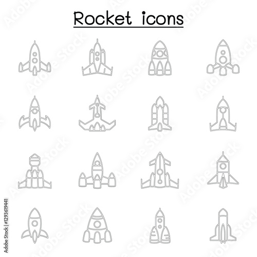 Rocket, spaceship, spacecraft icon set in thin line style