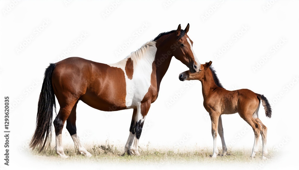 Obraz premium Striking Family Portrait of a Pinto Horse Trio on a Translucent Canvas Elegant, Powerful, and Vibrant, Against an Airy Backdrop