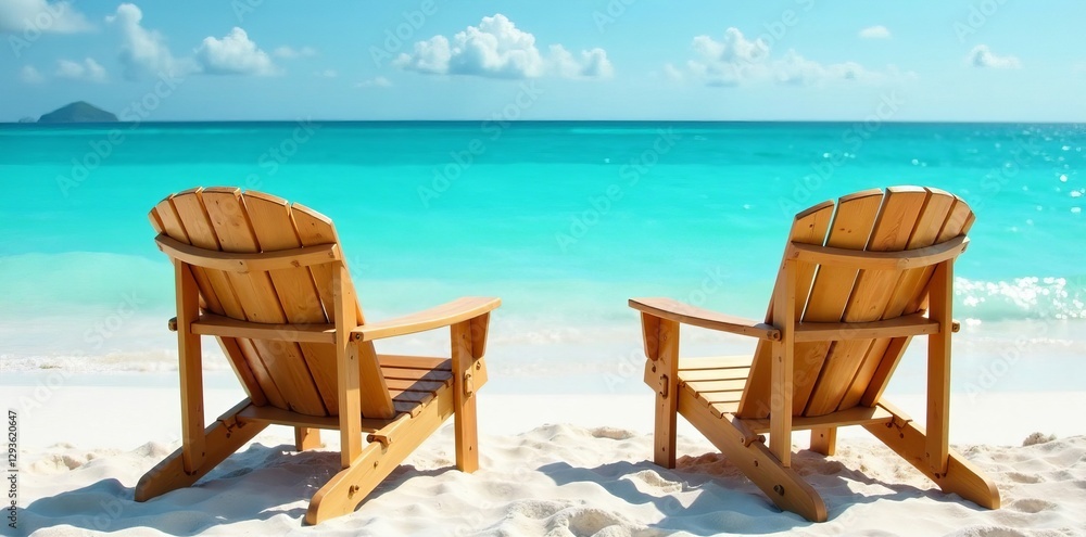 Wooden beach chairs on sandy shore overlooking crystal clear turquoise waves, coastal, sunbathing Wooden beach chairs on sandy shore overlooking crystal clear turquoise waves, coastal, sunbathing