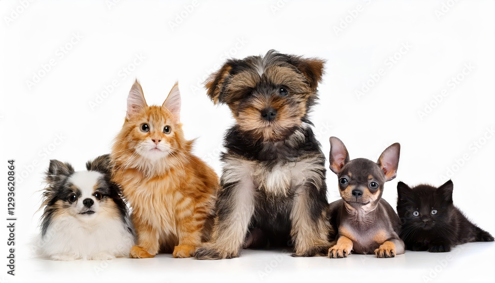 Charming Gathering of Small Domestic Pets Against a White Backdrop, Capturing Playful Interactions and Soft Textures in a Cozy Environment with a Touch of Whimsy. Charming Gathering of Small Domestic Pets Against a White Backdrop, Capturing Playful Interactions and Soft Textures in a Cozy Environment with a Touch of Whimsy.