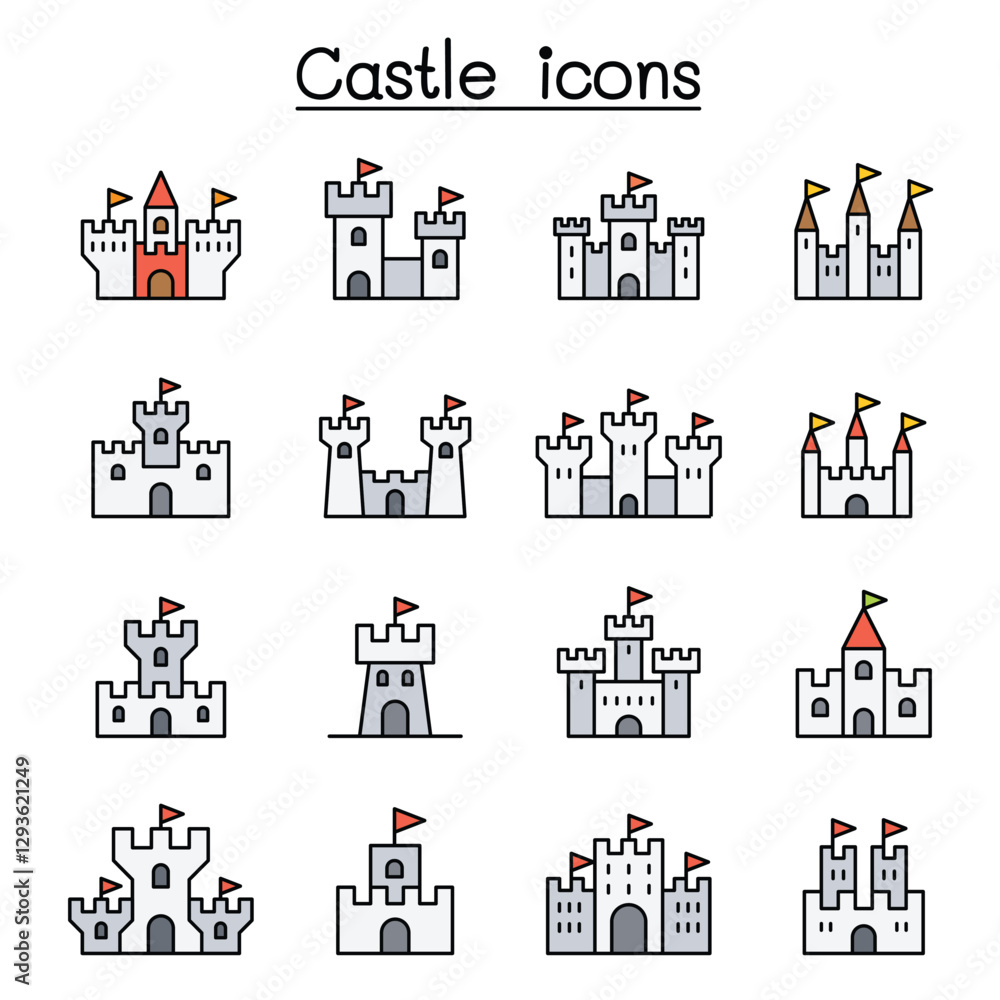 Fotografie Castle & Palace icon set in thin line style
