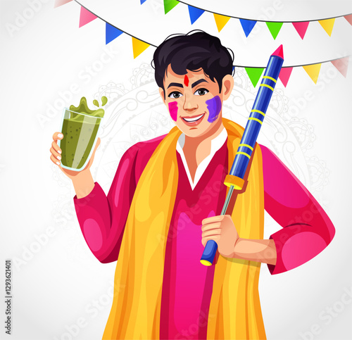 Vector illustration of a young man drinking Bhang Thandai during Holi celebrations