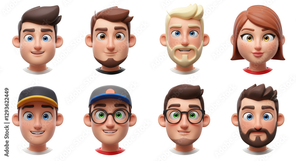 3D illustration of smiling people close up portraits set. Cute cartoon business men and women avatars, multi ethnic male and female characters faces, isolated on white 3D illustration of smiling people close up portraits set. Cute cartoon business men and women avatars, multi ethnic male and female characters faces, isolated on white
