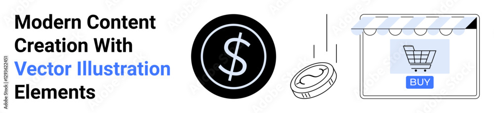 Fototapeta premium Large dollar sign graphic, falling coin, online shopping cart interface. Ideal for e-commerce, digital payment, shopping platforms, online sales, finance marketing economic growth. Perfect for flat