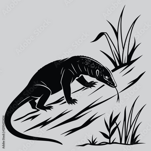 a monitor lizard stalking prey silhouette vector design art and illustration