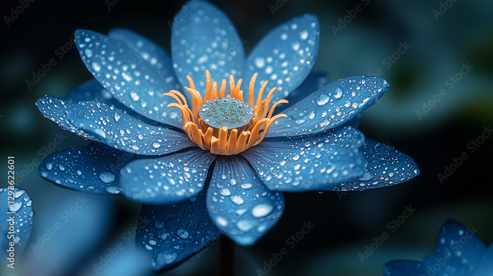 Close Up of a Blue Flower with Water Droplets on Petals Dark Background Close Up of a Blue Flower with Water Droplets on Petals Dark Background