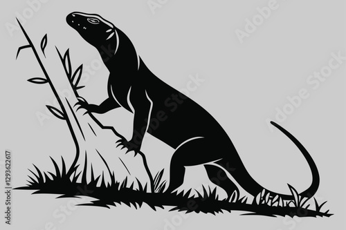 a monitor lizard stalking prey silhouette vector design art and illustration