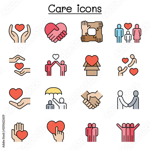 Care, generous and sympathize icon set in thin line style