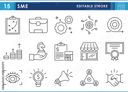 A set of line icons related to SME or small and medium sized enterprises. Business, startup, shop, income, profit, strategy, budgeting, targeting, occupation, and so on. Vector editable stroke.