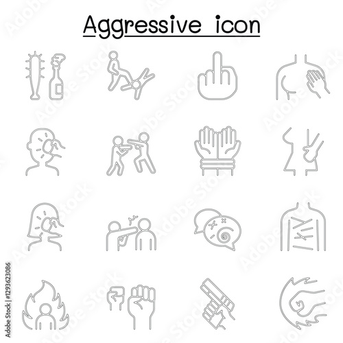 Set of Violence Related Vector Line Icons. Contains such Icons as human trafficking, sexual harassment, bully, angry, hit, rude, brawl and more.