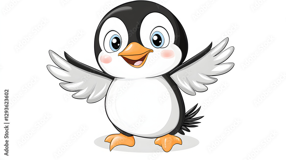 A cartoon penguin with its wings spread wide and a big smile on its face A cartoon penguin with its wings spread wide and a big smile on its face