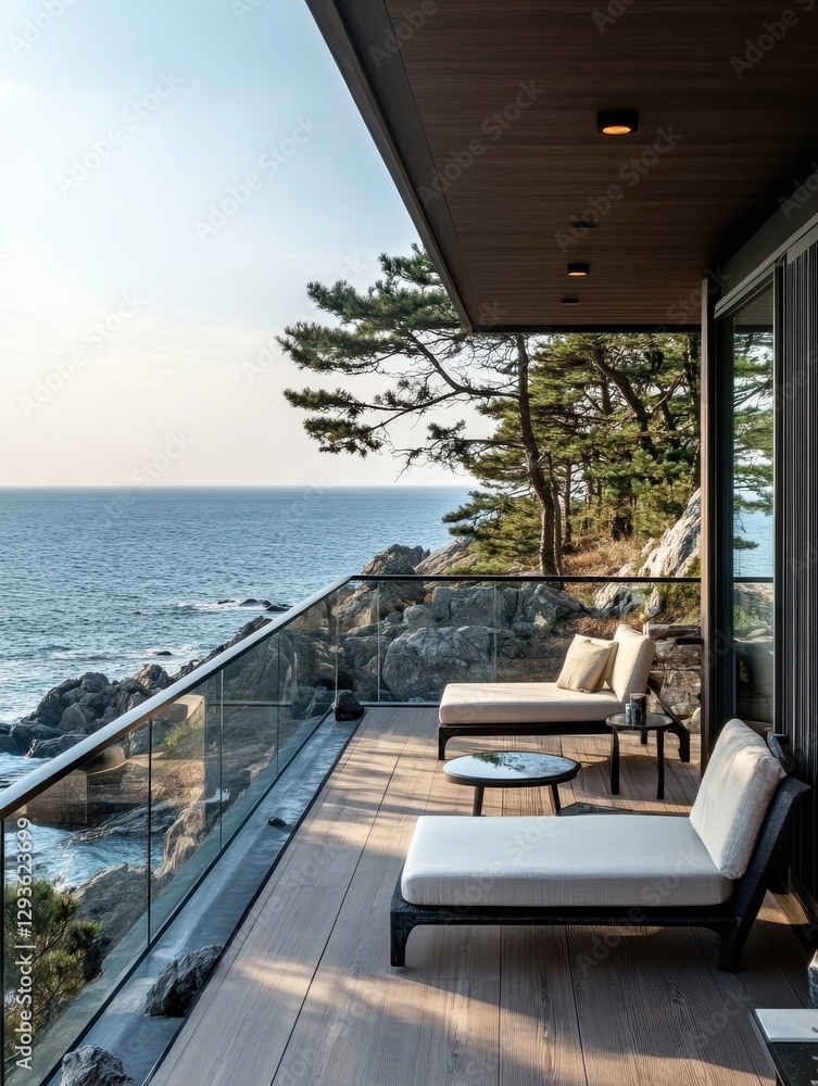 Fototapeta premium The modern deck area overlooks the vast ocean views
