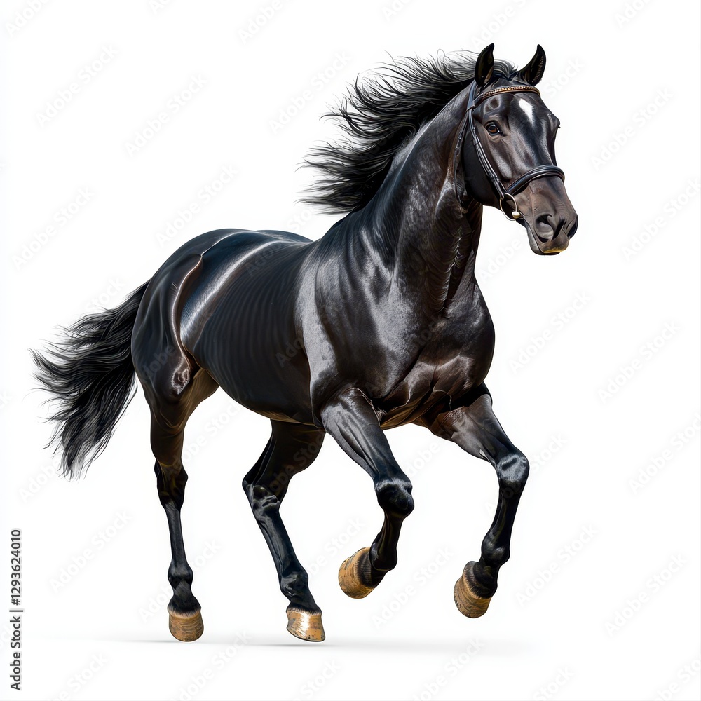 Obraz premium Majestic black horse galloping gracefully on a pure white background with dynamic motion and powerful presence