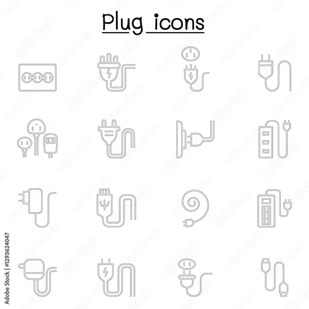 Plug, usb, cable, socket icon set in thin line style