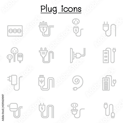 Plug, usb, cable, socket icon set in thin line style