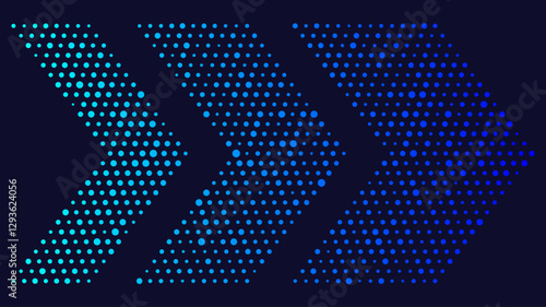 Abstract halftone dotted arrow pattern. Gradient dots arranged in a dynamic, forward-moving design on a dark background. Design for modern, tech, and futuristic themes.