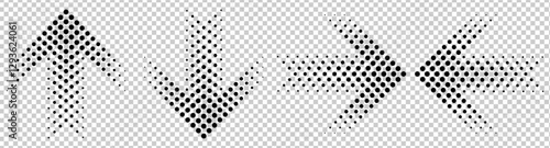 Abstract halftone dotted arrow pattern. Black dots arranged in a dynamic. Perfect for modern, tech, and futuristic themes.