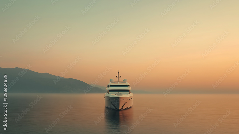 Obraz premium Luxury yacht anchored near tranquil mountains at sunset with calm waters reflecting warm colors. Generative AI