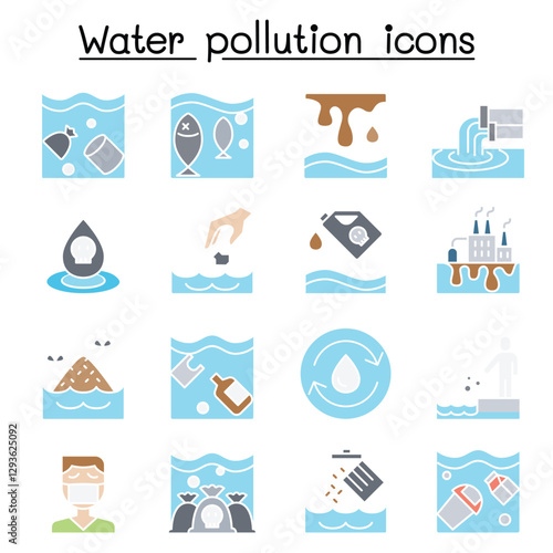 Water pollution, Ecology problem icon set in thin line style