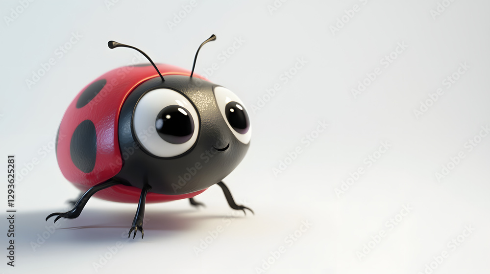 Fototapeta premium A cartoonish red ladybug with black spots and big eyes