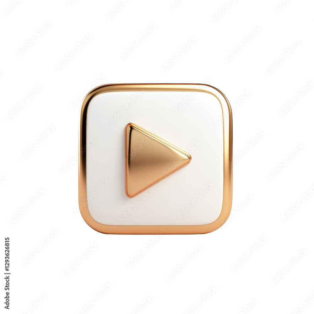 Stylish gold metal play button icon on glossy white square with rounded edges Stylish gold metal play button icon on glossy white square with rounded edges