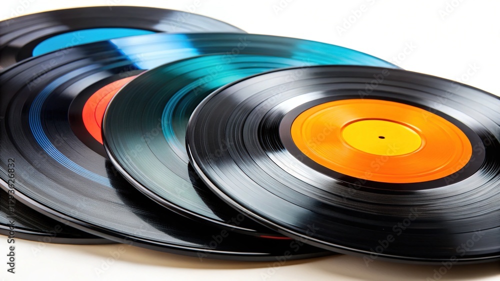 High-resolution AI image of vinyl records against a white backdrop. High-resolution AI image of vinyl records against a white backdrop.