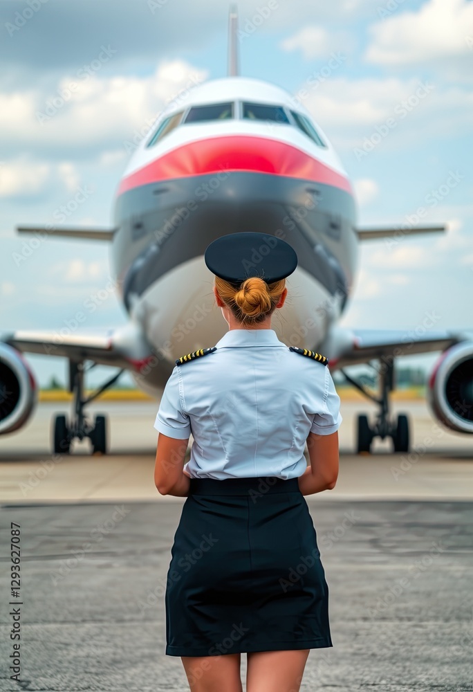 Female Pilot Stands Before Airplane on Runway Female Pilot Stands Before Airplane on Runway