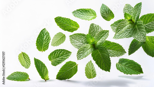 beautiful mint leaves falling on white background: Image for cutting or blending