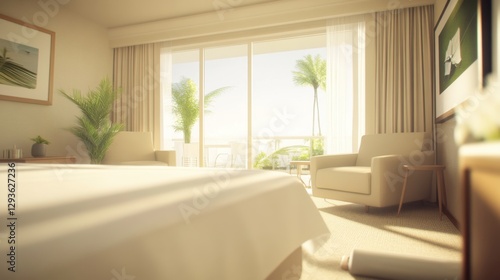 Wallpaper Mural Modern and Bright Hotel Room with Seaside View Featuring Large Windows, Natural Light, Minimalist Decor, and Cozy Furniture in Tranquil Setting Torontodigital.ca