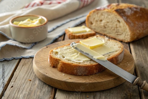 Rustic Bread and Butter on Wooden Table – A Cozy Breakfast Setting