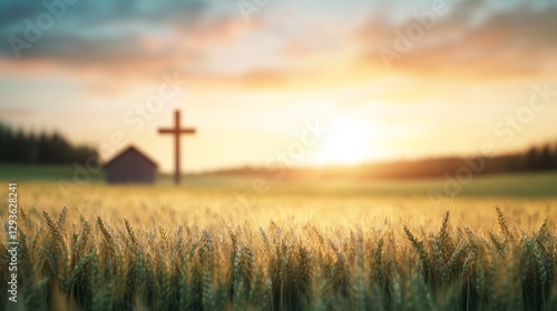 Tranquil Sunrise Over Wheat Field with Cross and Rural Landscape