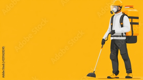Professional Pest Control Technician in Protective Gear with Sprayer Ready for Action Against Infestations on Bright Yellow Background