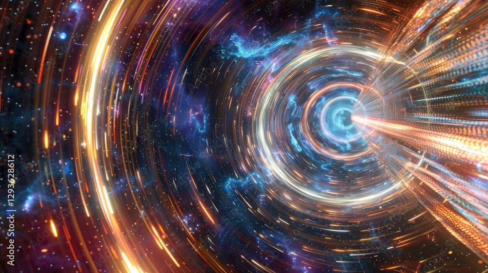 Obraz premium Abstract of line glowing vivid light with fractal style effect. Futuristic style vortex or portal scene with vividness of seamless pattern in space. Spiral on universe scene perfect for design. AIG53.
