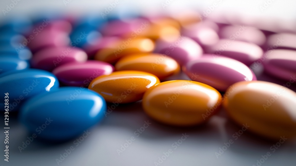 Vibrant Colorful Candy Collection: A Close-Up Macro Shot of Glossy, Oval-Shaped Candies in Blue, Orange, and Pink Hues Vibrant Colorful Candy Collection: A Close-Up Macro Shot of Glossy, Oval-Shaped Candies in Blue, Orange, and Pink Hues