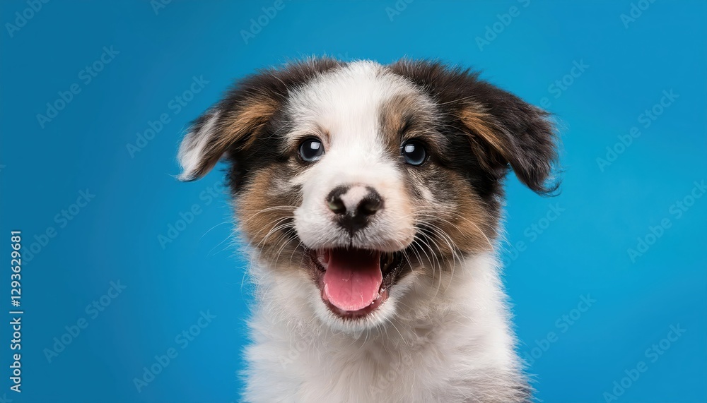 Happy Dog Puppy Smiling on a Colored Blue Backdrop Joyful Canine Embracing Playfulness and Vibrancy in a Calming Aquatic Environment Happy Dog Puppy Smiling on a Colored Blue Backdrop Joyful Canine Embracing Playfulness and Vibrancy in a Calming Aquatic Environment