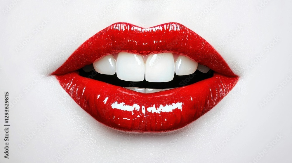 Obraz premium Glossy Red Lips with White Teeth Showing in Close-Up against a Minimalist Background