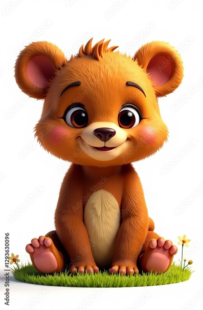 Fototapeta premium Drawing a sweet little cub of a bear sitting on the grass, a white background