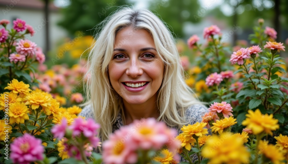 Radiant Woman Amidst a Vibrant Garden A Close-Up Portrait Capturing the Essence of Beauty and Nature's Splendor Explore the joyful expression on her face, framed by colorful blooms Discover the Radiant Woman Amidst a Vibrant Garden A Close-Up Portrait Capturing the Essence of Beauty and Nature's Splendor Explore the joyful expression on her face, framed by colorful blooms Discover the