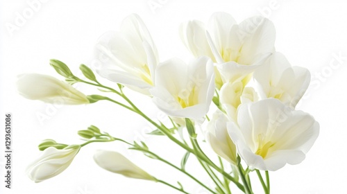 A delicate bouquet of white freesias with soft petals and elegant green stems, isolated on a pure white background