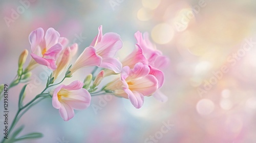 A dreamy pastel artwork of freesias in a romantic pink hue, softly floating on a blurred background