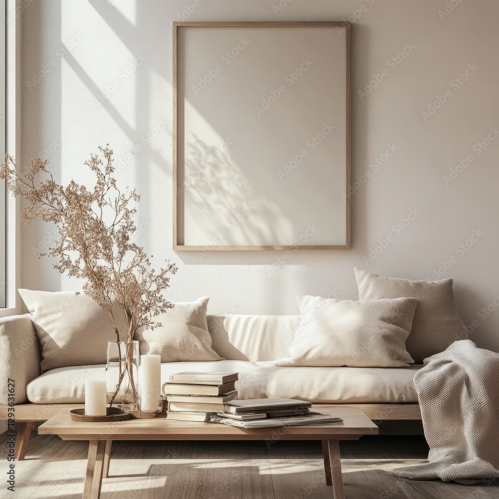 Fototapeta premium A white couch with a white blanket on it. A vase with candles on a table. A white framed picture on the wall. A stack of books on a table
