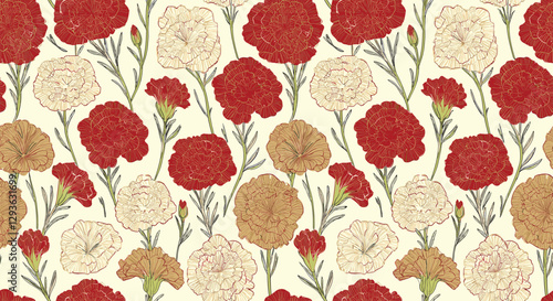 Abstract Handmade Floral pattern with red, white, and tan carnations on light background,
 for gift wrap and wallpaper
