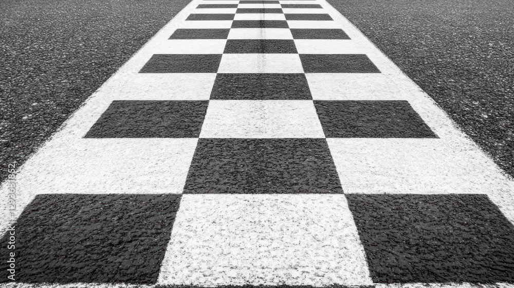 Race Track Finish Line: Black and White Checkered Flag on Asphalt Race Track Finish Line: Black and White Checkered Flag on Asphalt