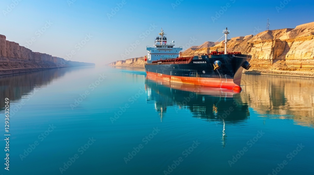 Obraz premium A cargo ship moves smoothly along a calm waterway, flanked by steep cliffs, reflecting the clear sky during the early morning hours, creating a tranquil atmosphere.