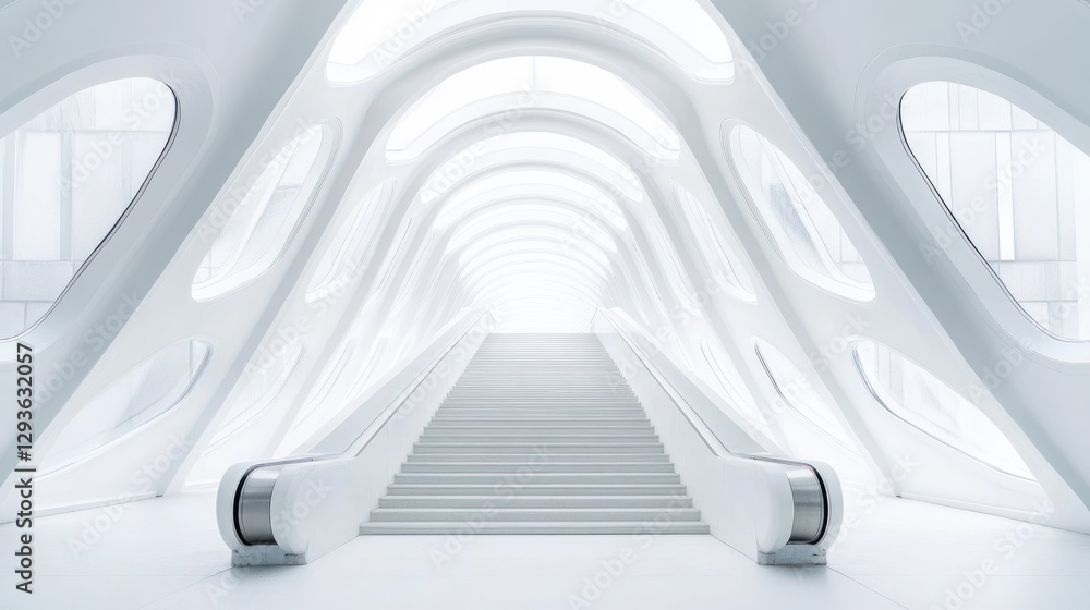 Fototapeta premium Modern white architectural stairway, futuristic hall. Interior shot. Possible use Stock photo