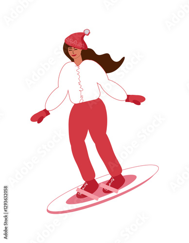 Young girl in winter clothes, short down jacket, hat and pants on snowboard - vector color flat illustration, character for design