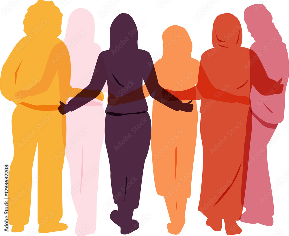 Fototapeta premium Different women stand side by side together and hug each other.